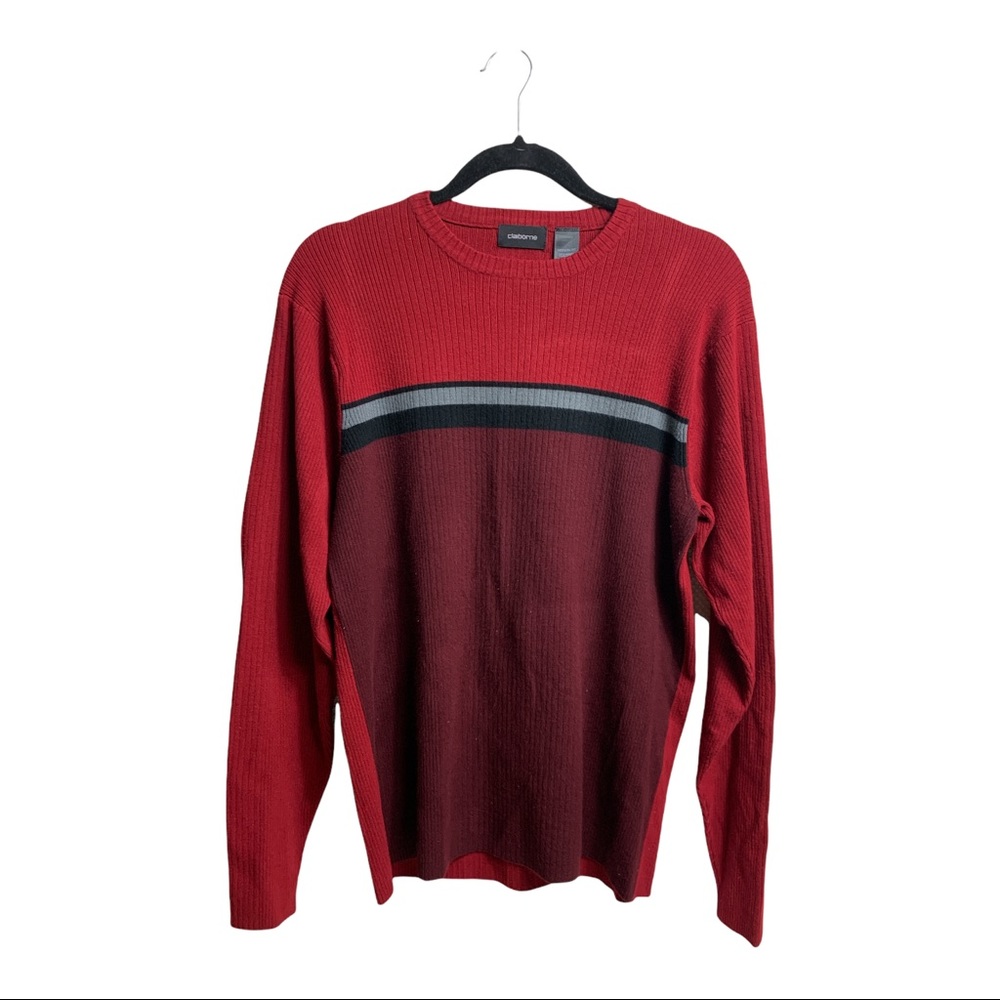Claiborne Men Large Sweater Res Black Gray Stripes Accent Modern Fit